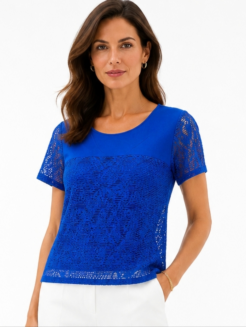 Calvin Klein Laced Overlay Short Sleeve Tee Shirt Royal Blue Large